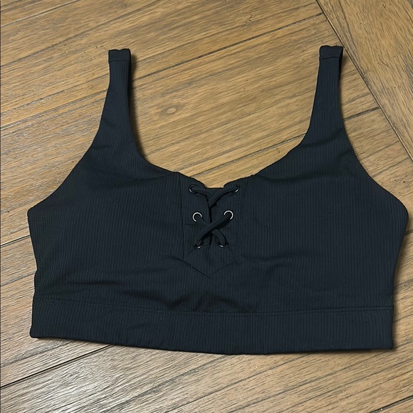 Black Lace-Up Ribbed sports bra - Picture 1 of 7